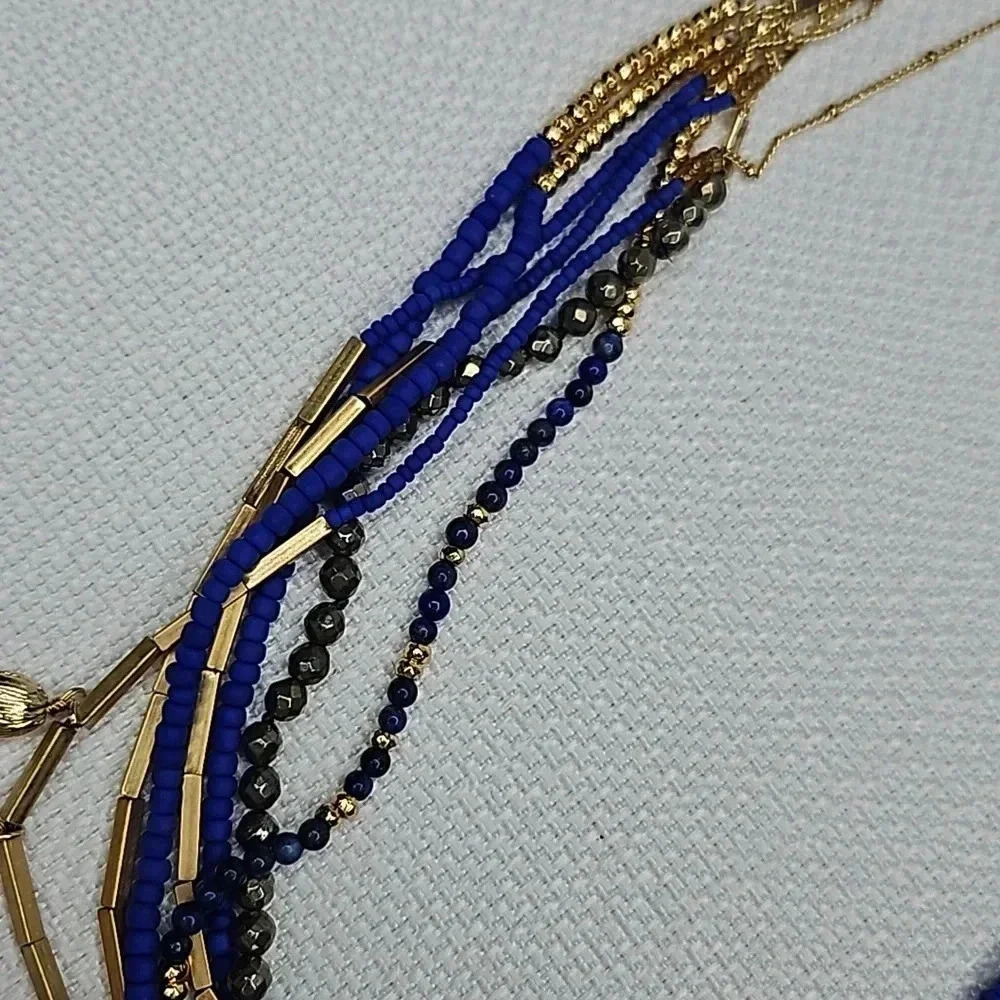 Retired Vintage Stella & Dot Tulum Tassel Necklace Gold Blue Beaded Versatile - Picture 6 of 16